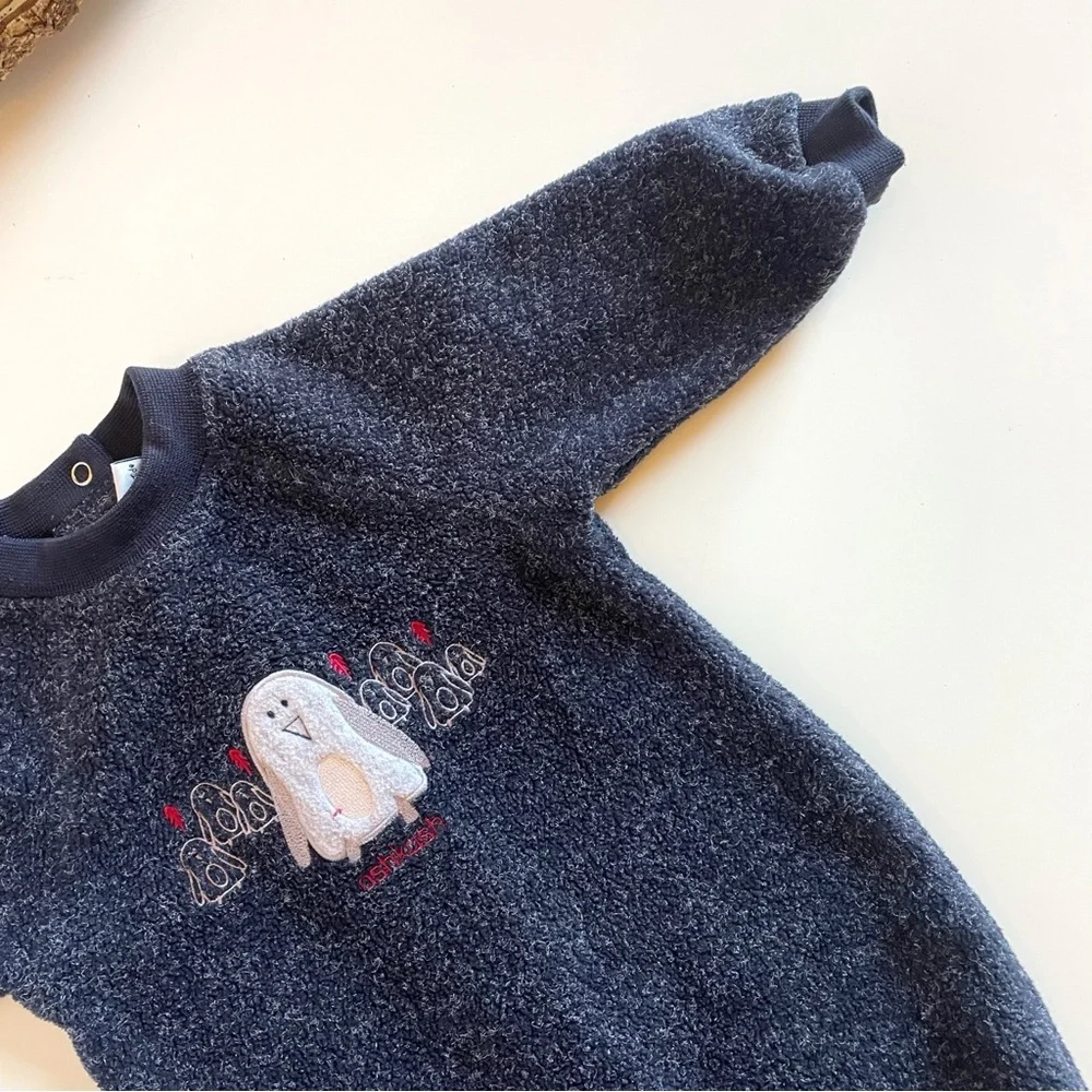 Vintage Oshkosh Baby Blue Fleece Mohair Blend Winter Penguin Romper | 3-6m